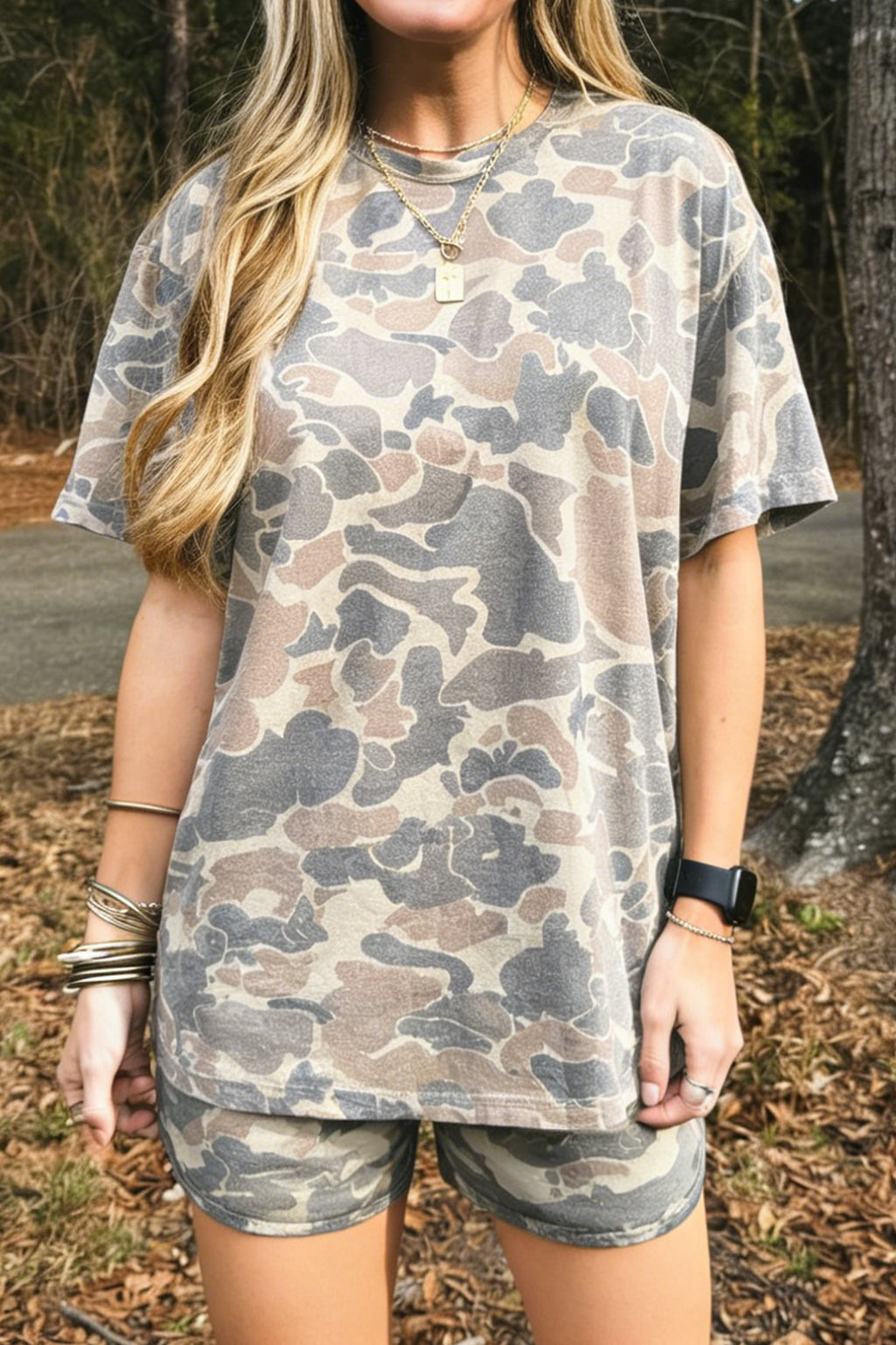 Multicolour Camouflage Loose Tee Drawstring Shorts 2pcs Outfit