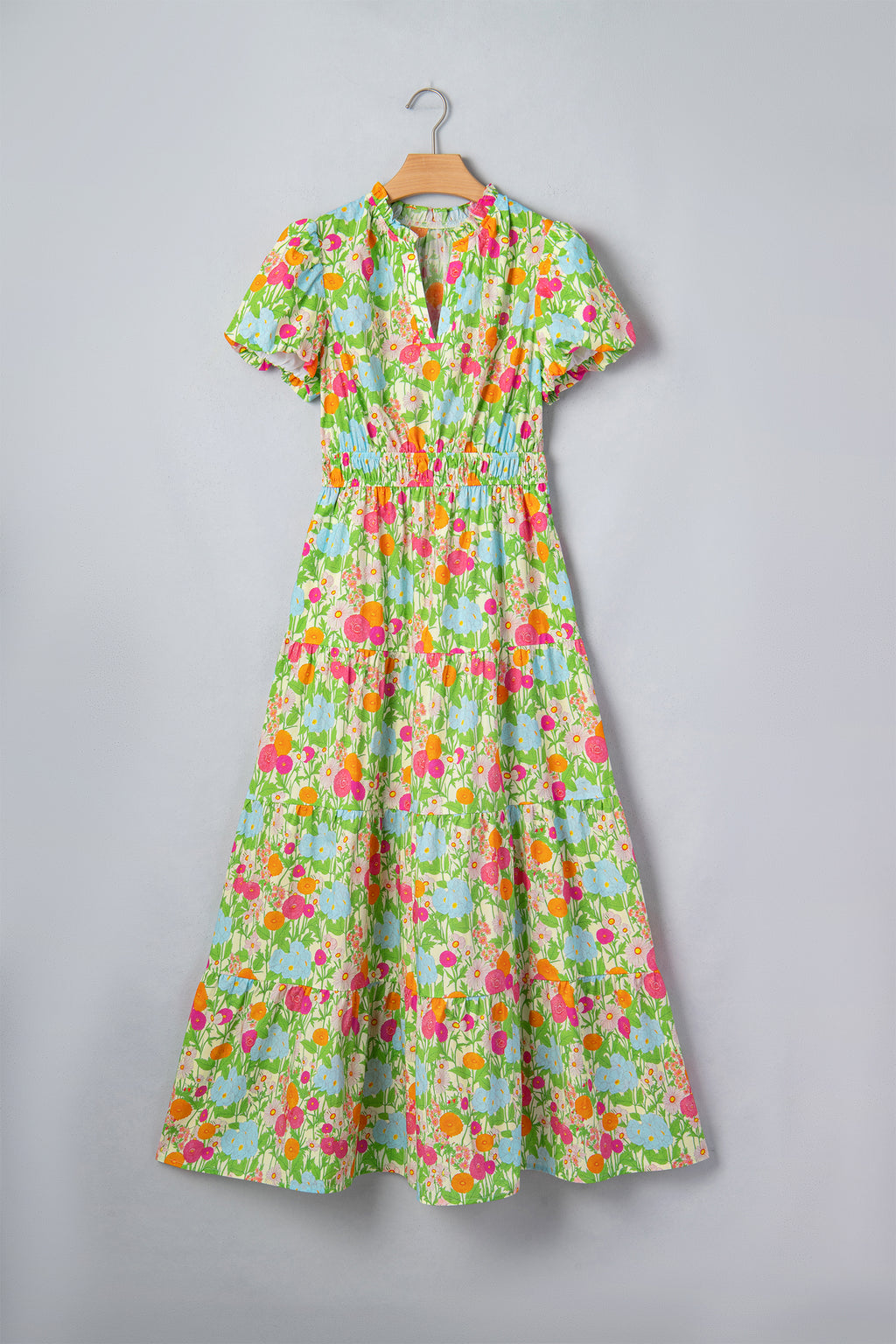 Green Floral Print V Neck Short Puff Sleeve Cotton Maxi Dress