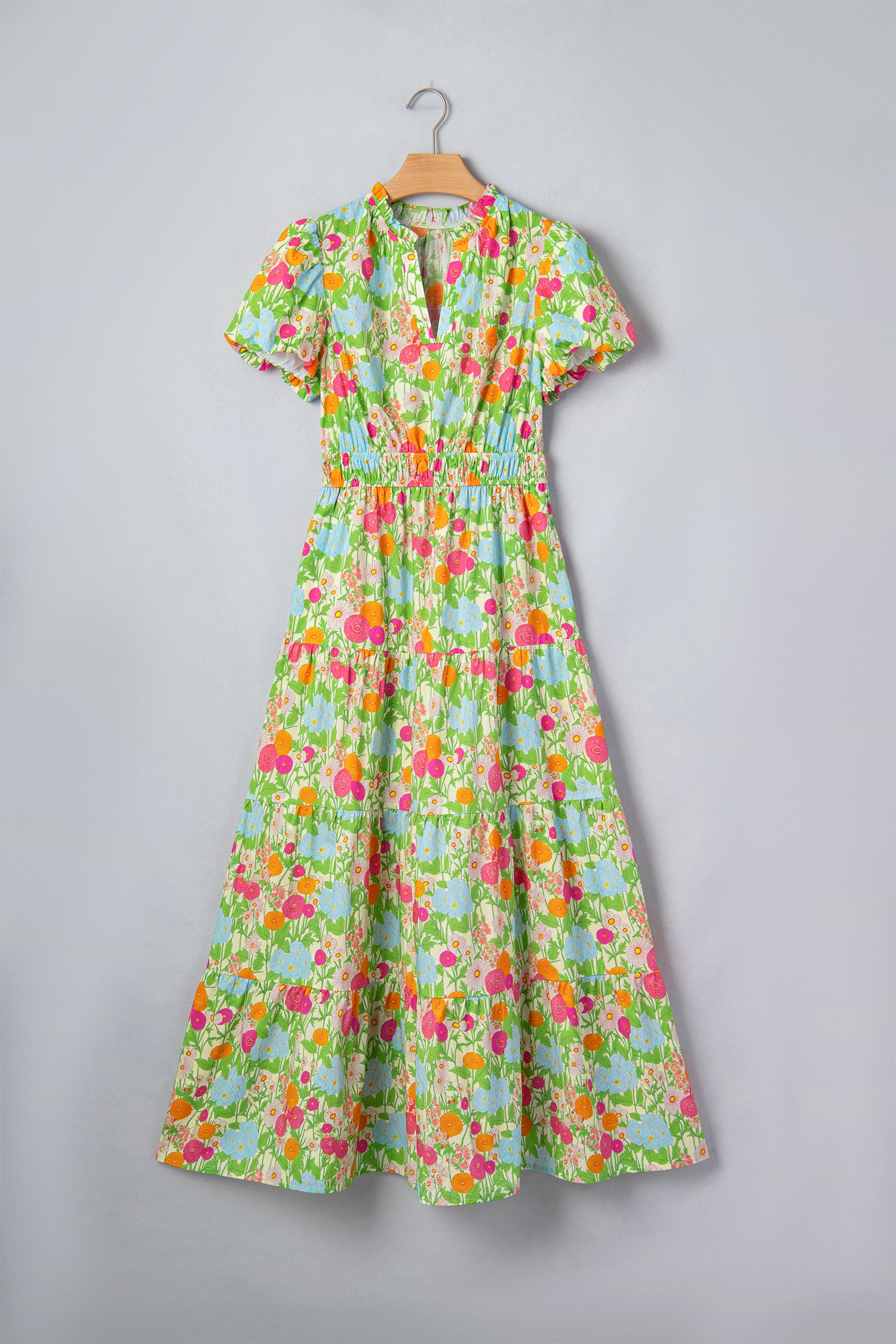 Green Floral Print V Neck Short Puff Sleeve Cotton Maxi Dress