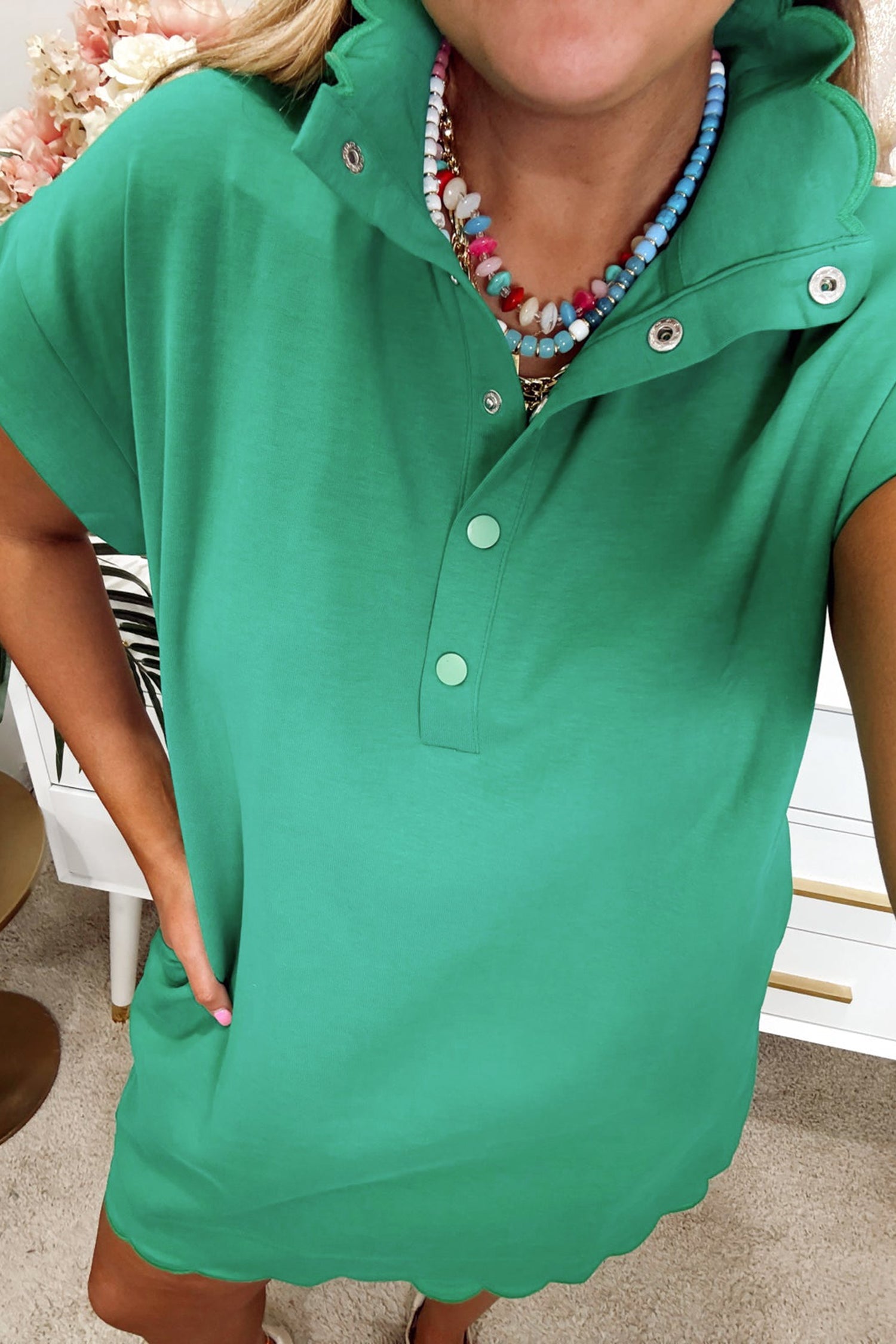 Sea Green Solid Color Snap Button Polo Collar Short Sleeve Scallop Hem Mini Dress