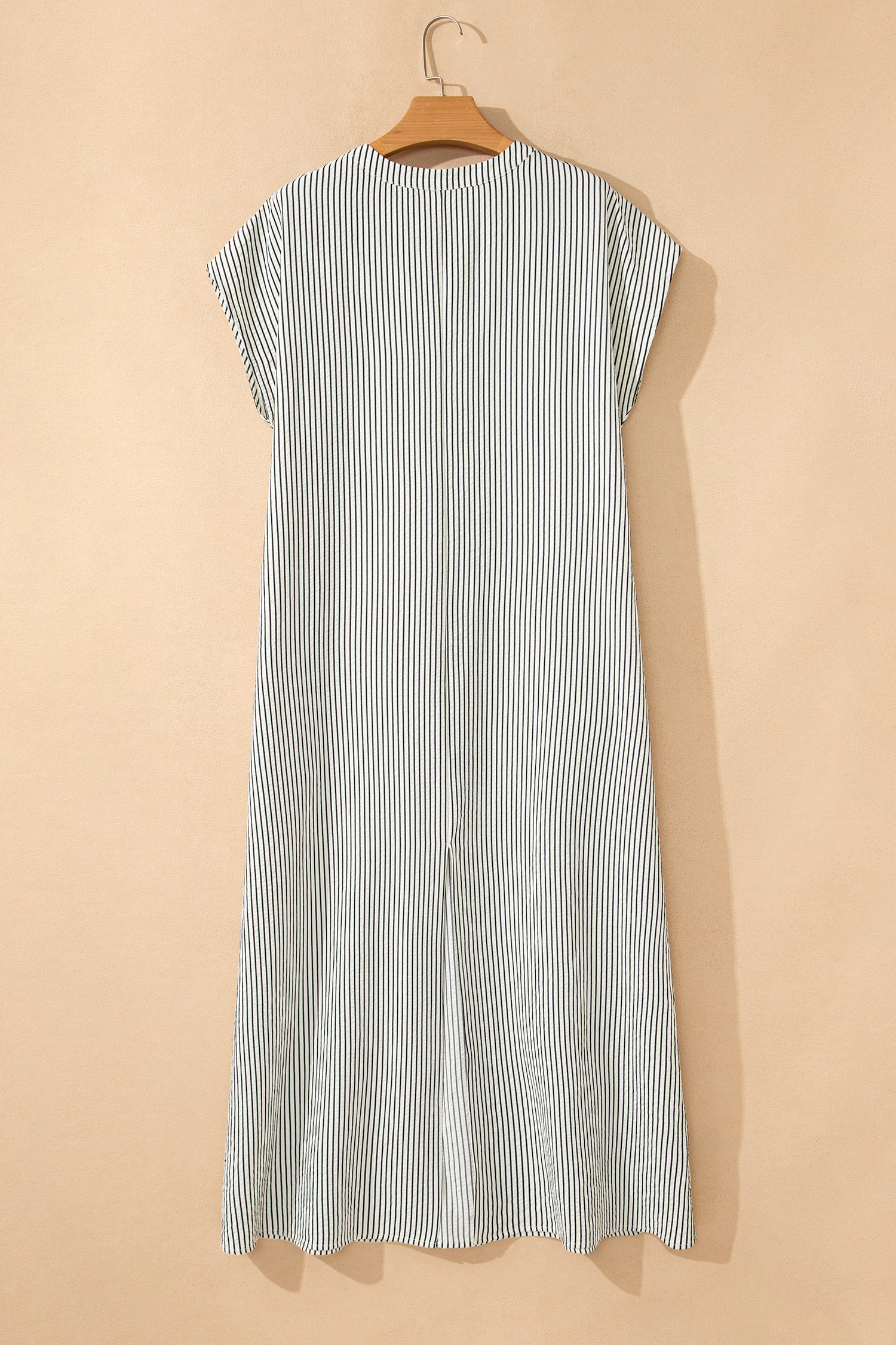 Black Stripe Frilled Detail Half Buttons Short Sleeve Long Dress