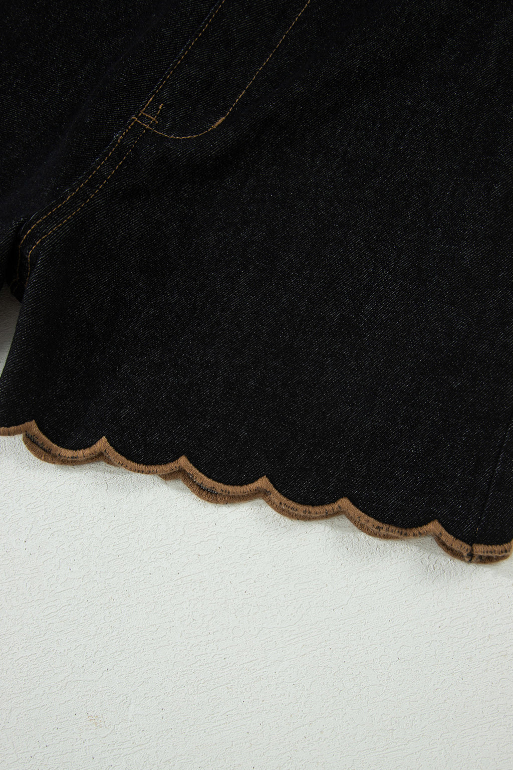 Black Embroidered Scalloped Trim Relaxed Denim Shorts
