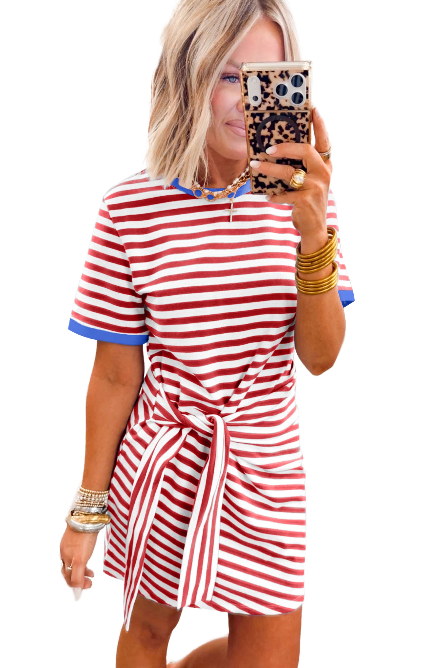 Red Nautical Tie Contrast Trim Round Neck T Shirt Mini Dress