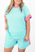 Light Blue Colorblock Corded Plus Size Two Piece Shorts Set