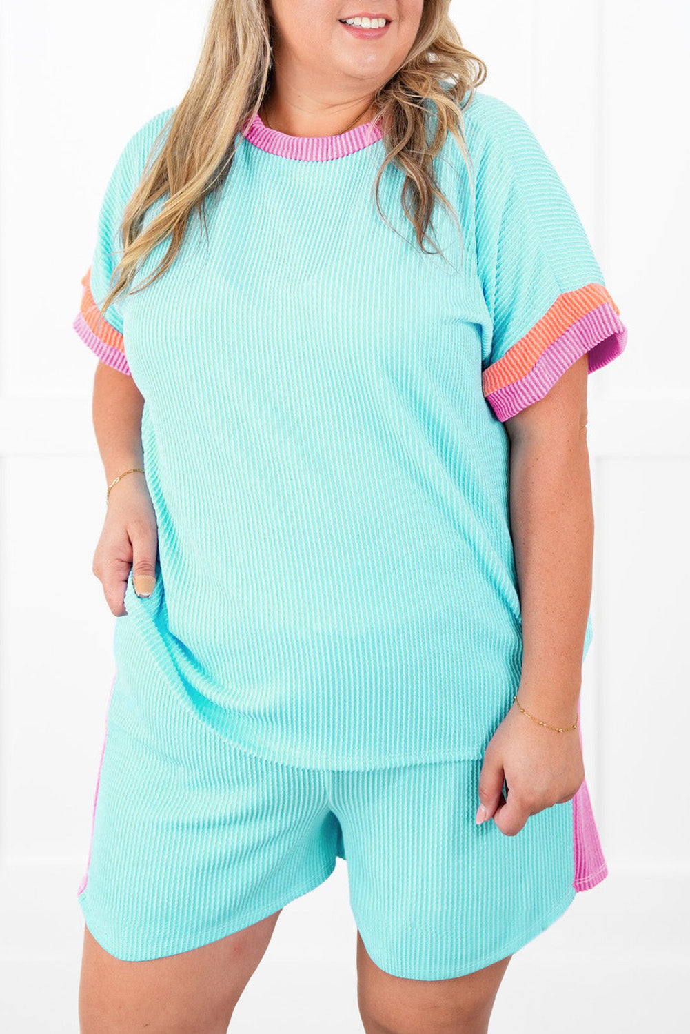 Light Blue Colorblock Corded Plus Size Two Piece Shorts Set