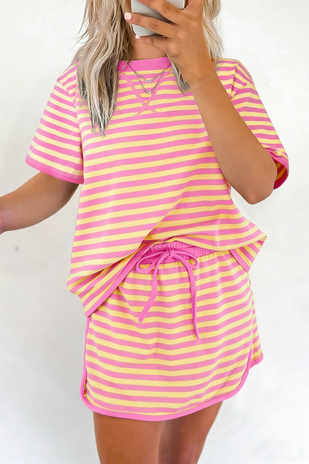 Pink Stripe Loose Short Sleeve Top and Skirt Set