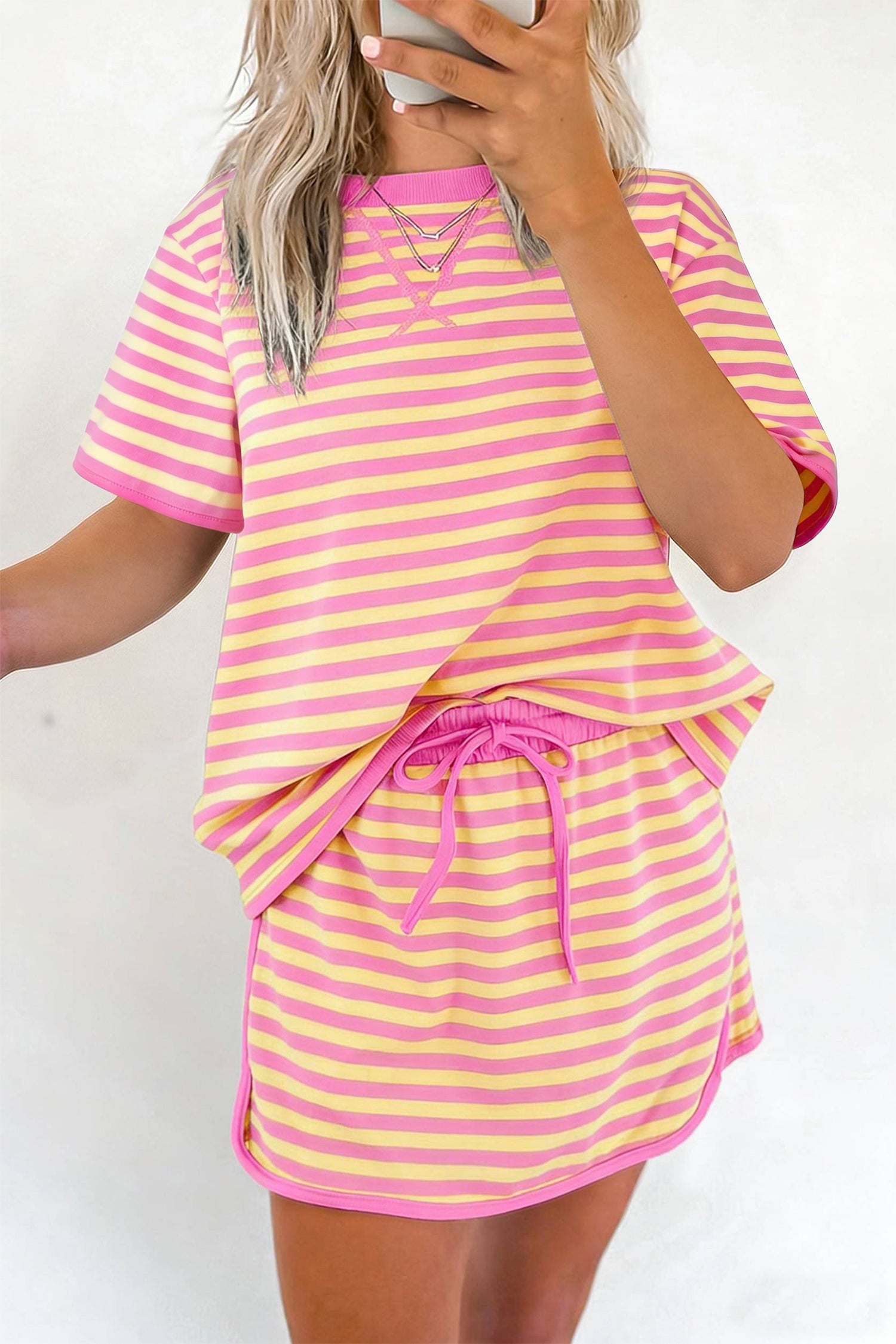 Pink Stripe Loose Short Sleeve Top and Skirt Set