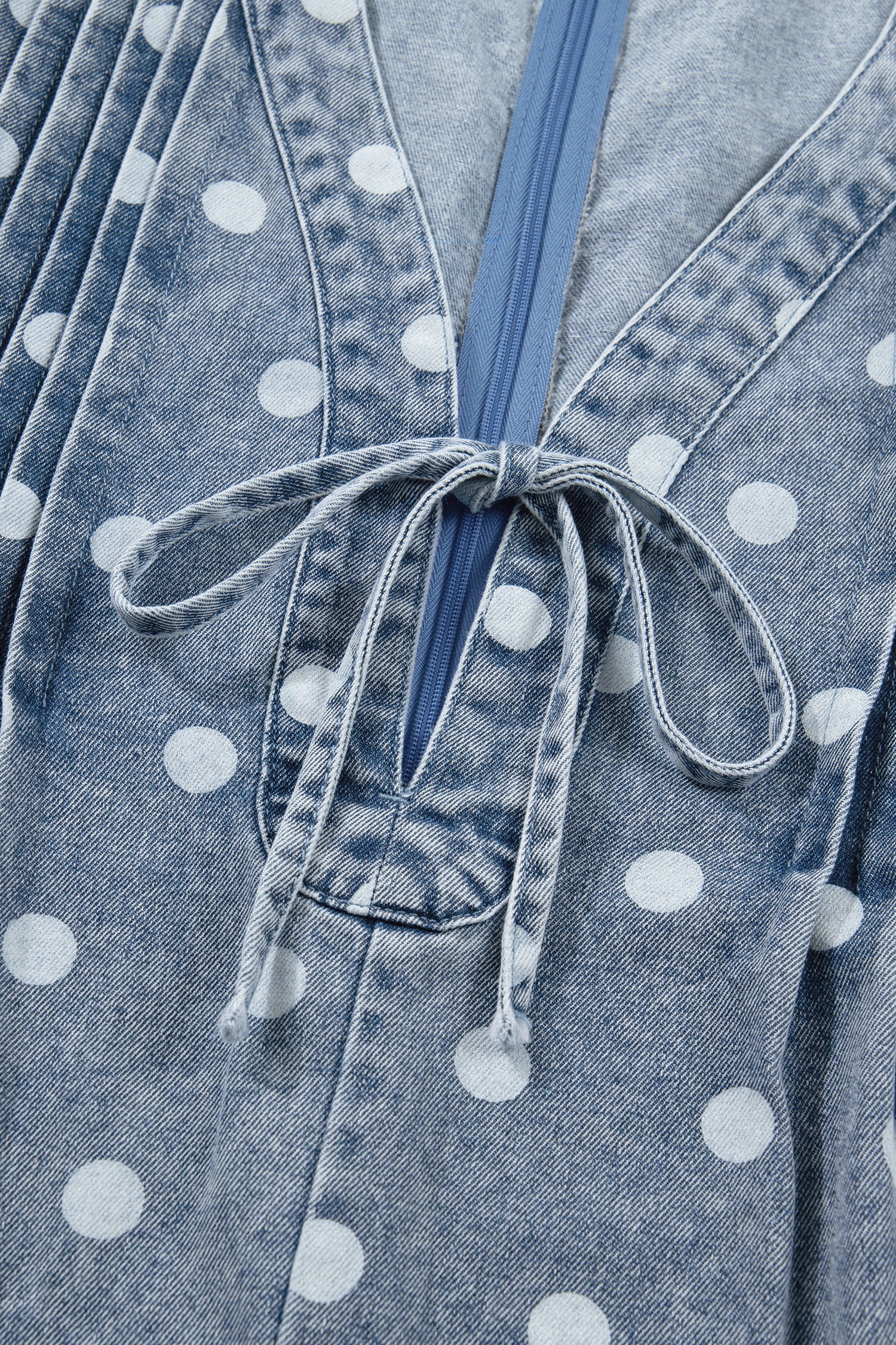Sky Blue Polka Dot Print Tie V Neck Pleated Loose Denim Romper