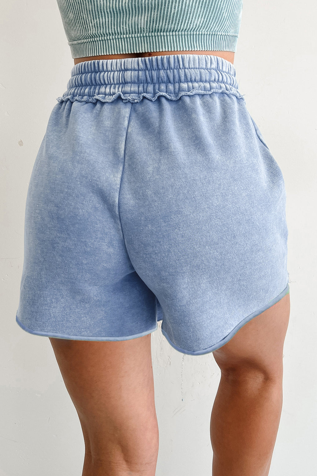 Sky Blue Mineral Washed Drawstring Elastic Waist Raw Cut Shorts