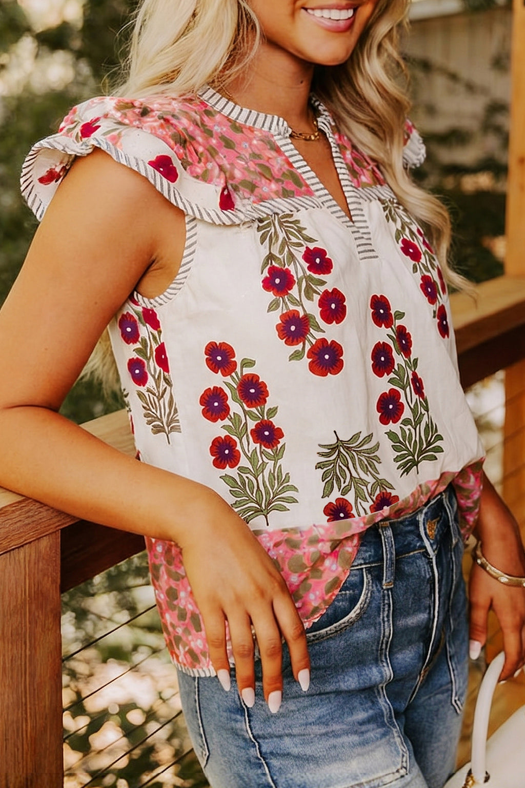 White Floral Print Contrast Striped Trim Flutter Cotton Blouse