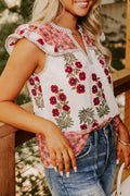 White Floral Print Contrast Striped Trim Flutter Cotton Blouse