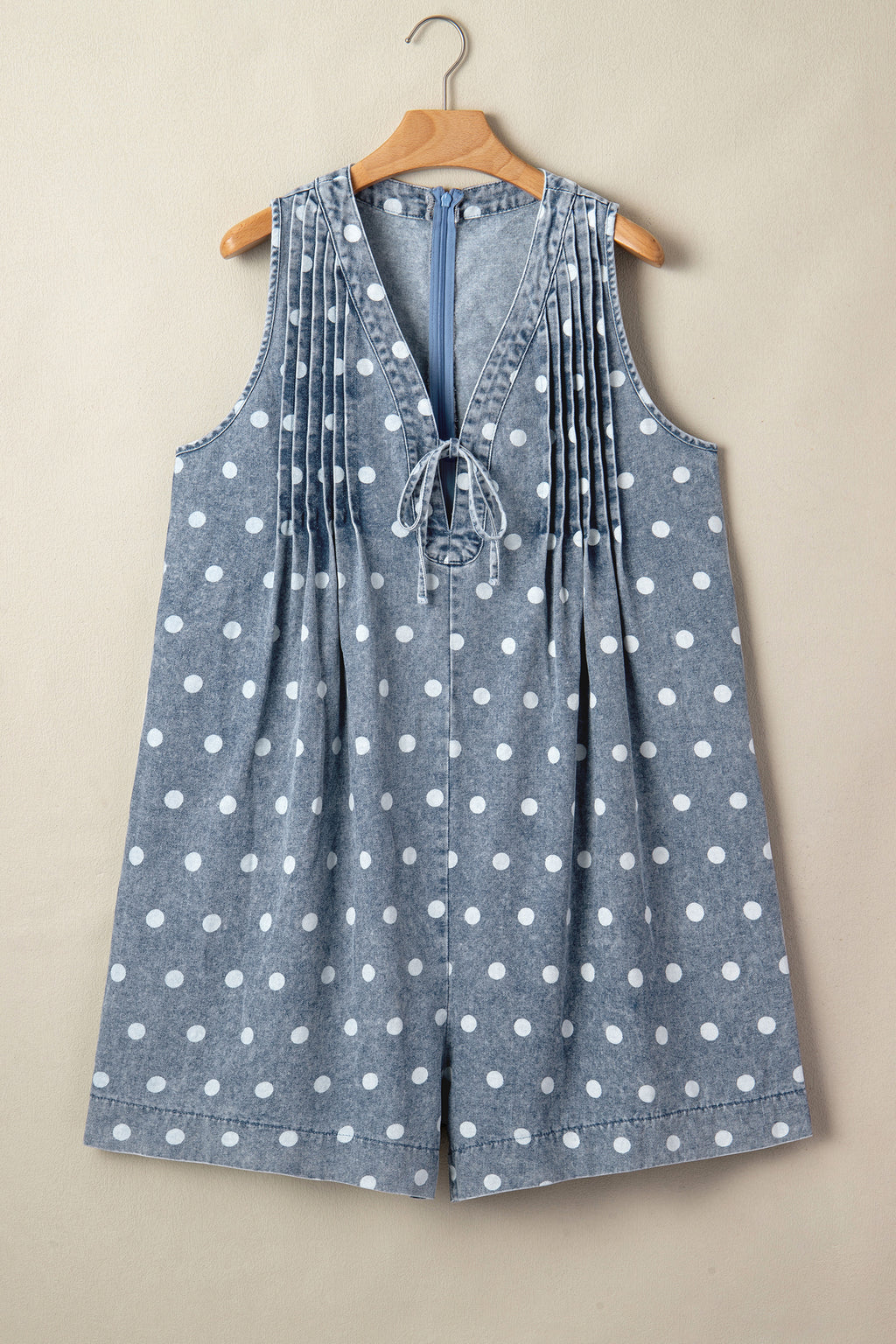 Sky Blue Polka Dot Print Tie V Neck Pleated Loose Denim Romper