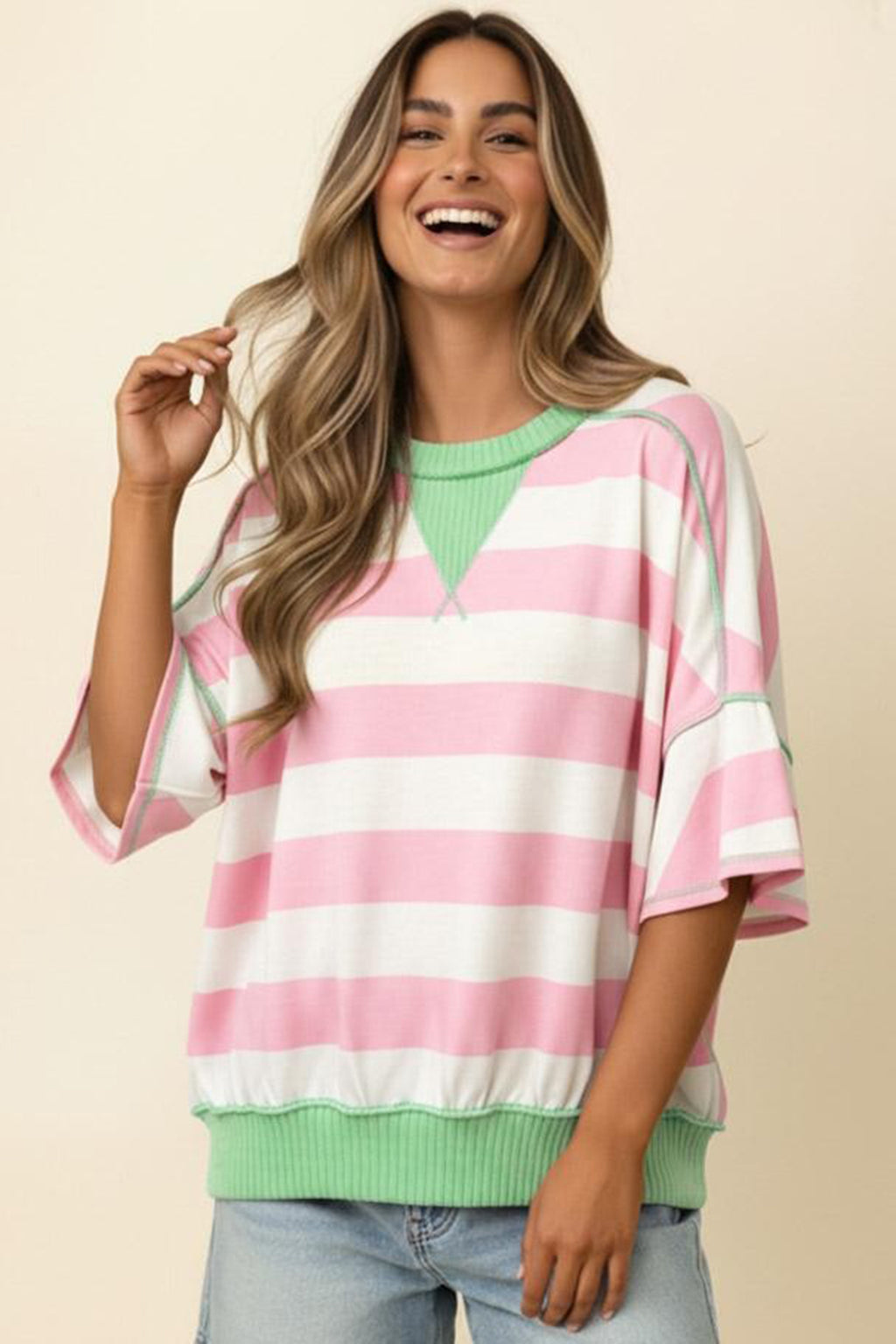 Pink Stripe Exposed Seam Ribbed Patchwork Oversized Tee