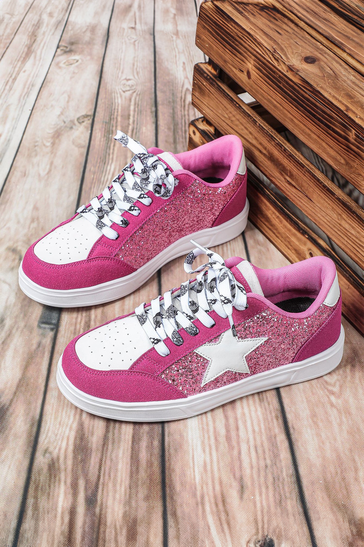 Rose Red Stylish Color Block Glitter Star Patchwork Lace-up Flat Shoes