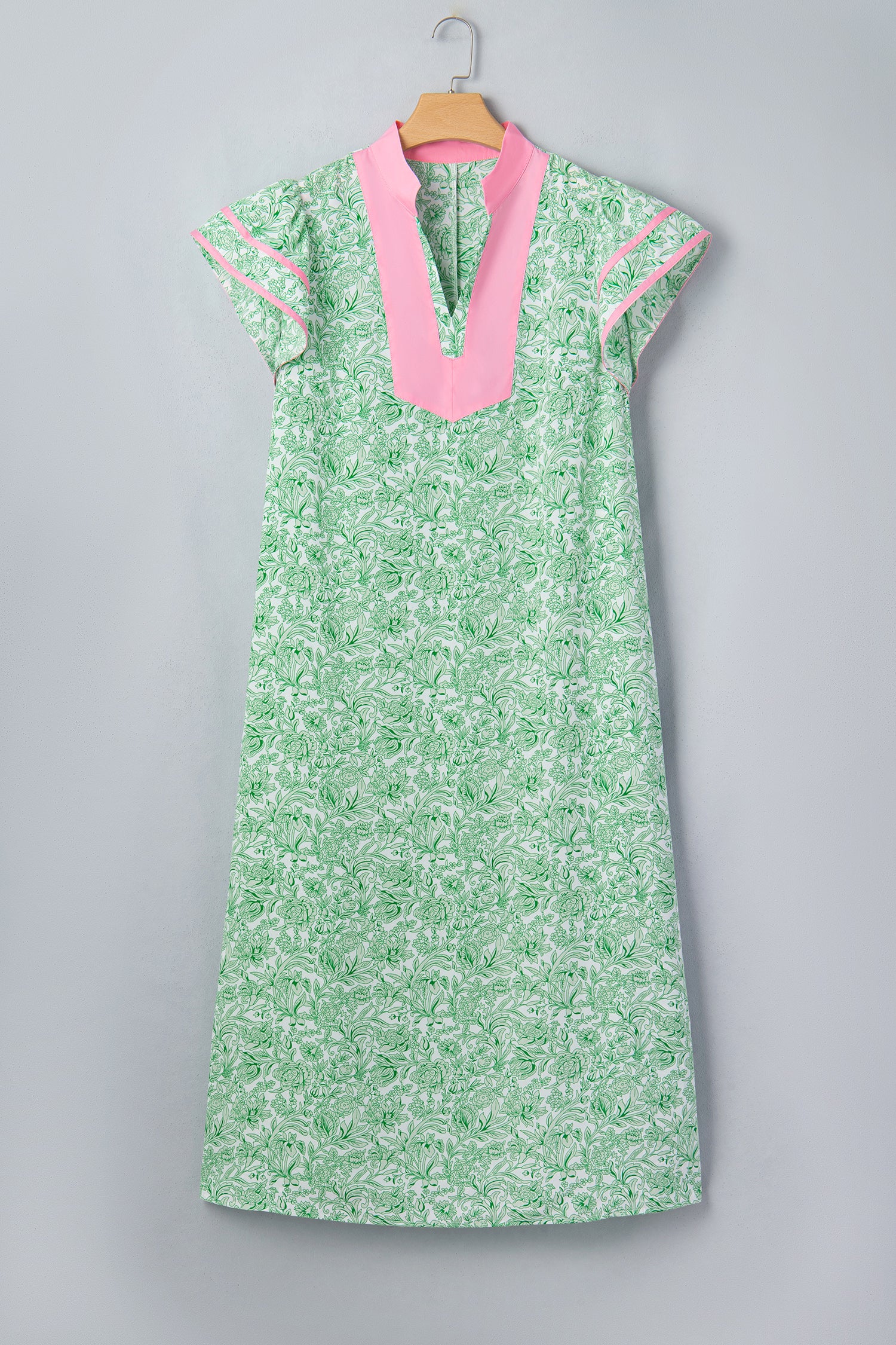 Green Plus Size Contrast Trim Flutter Sleeve Floral Kaftan Maxi Dress