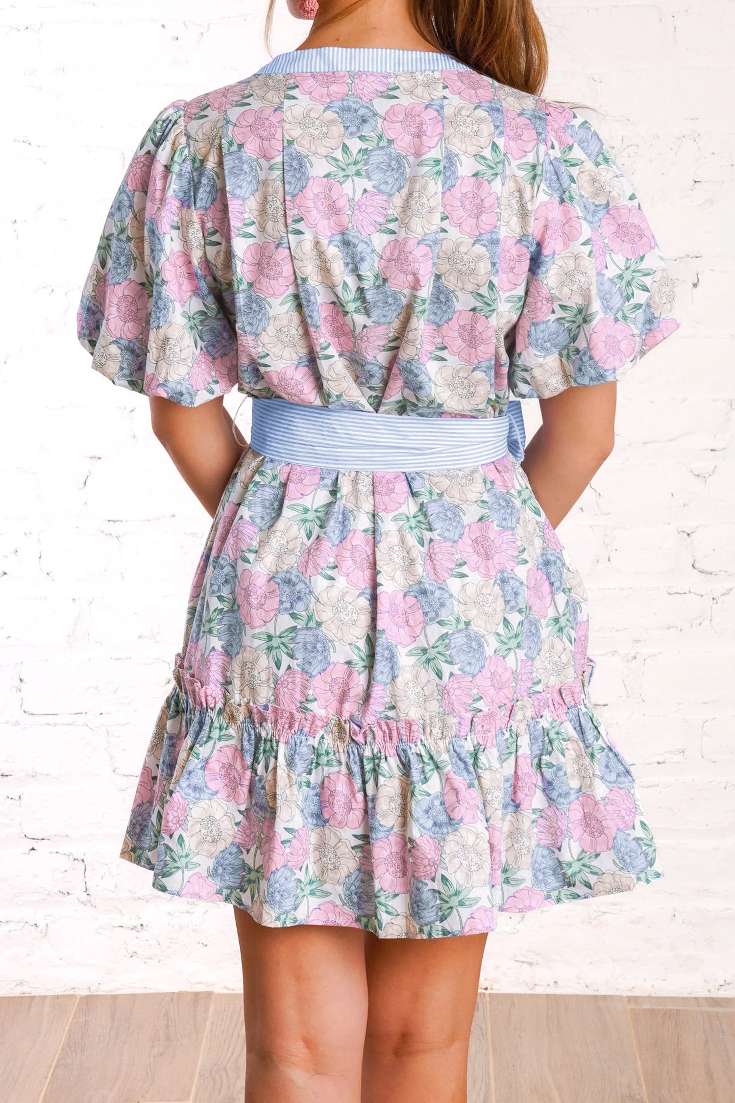 White Floral Print Striped Contrast Trim Belted Short Dress