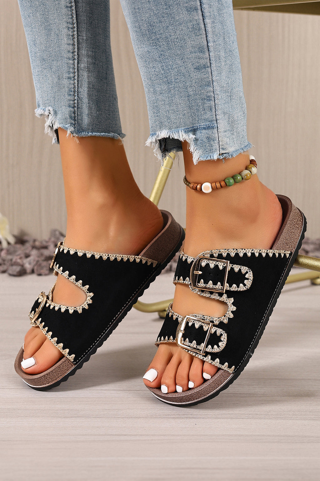 Black Embroidered Trim Retro Buckle Faux Suede Slippers