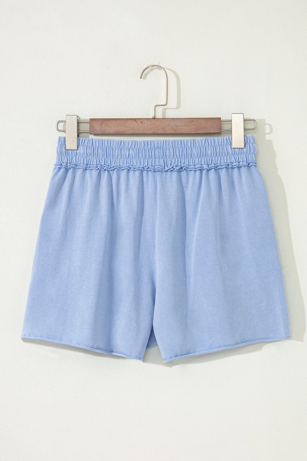 Sky Blue Mineral Washed Drawstring Elastic Waist Raw Cut Shorts