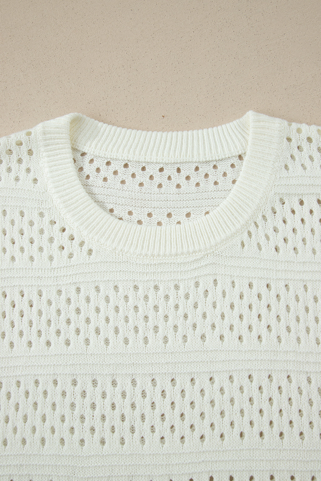 White Plus Size Eyelet Hollow Out Knit Ribbed Trim Short Sleeve Dolman Sweater