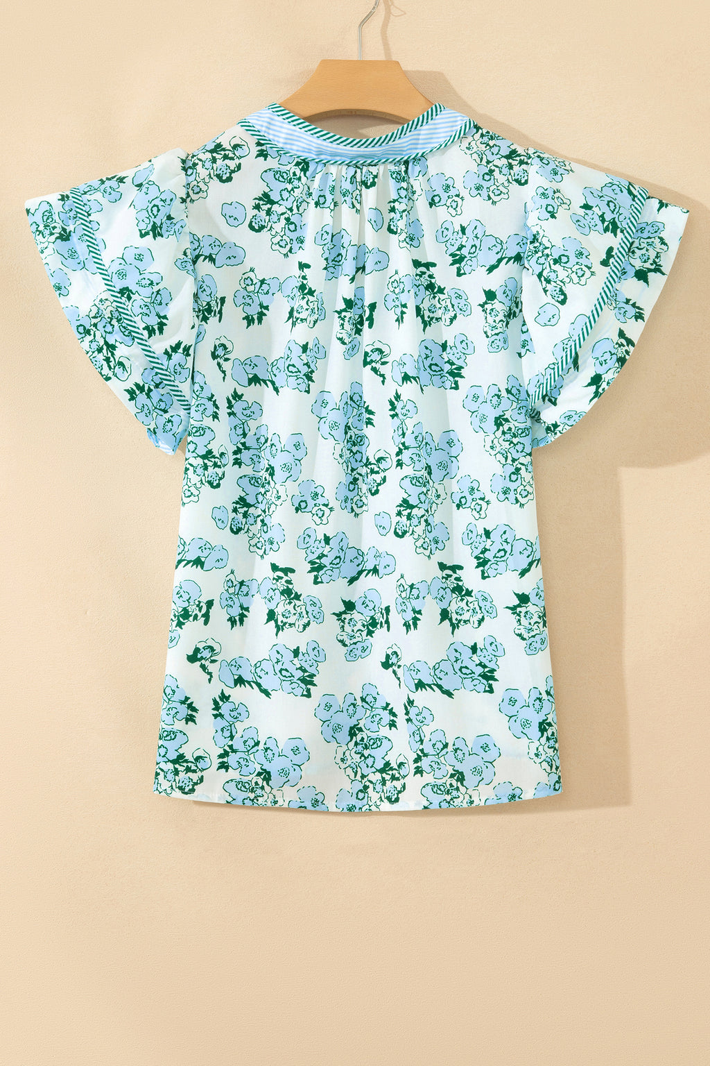 Green Floral Meets Stripes V Neck Flutter Sleeve Blouse