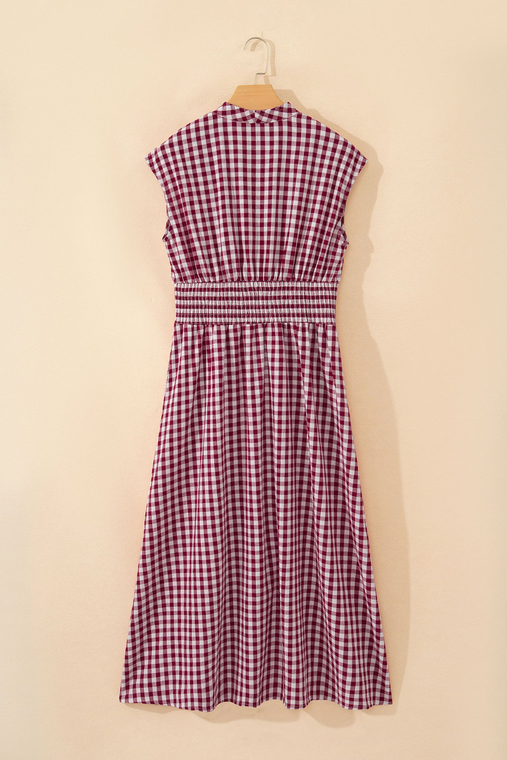 Red Plaid Print Full Zipper Cinched Waist Fit Flare Sleeveless Maxi Dress