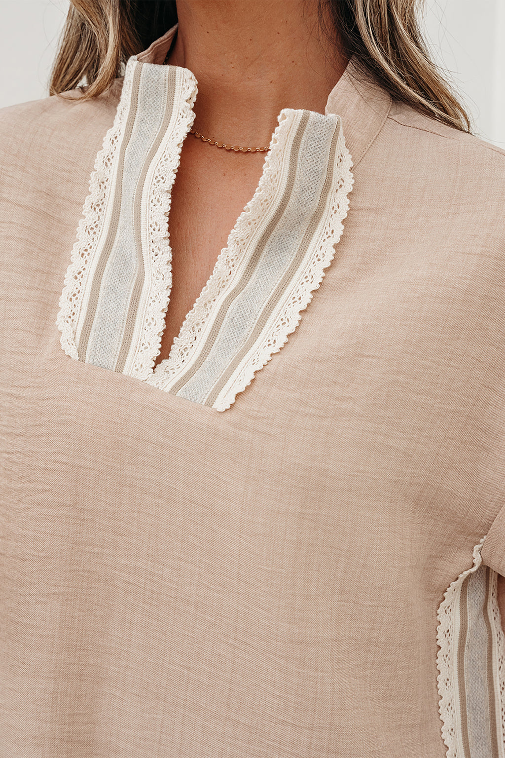 Parchment Crochet Lace Accent Pullover Rolled Short Sleeve Blouse