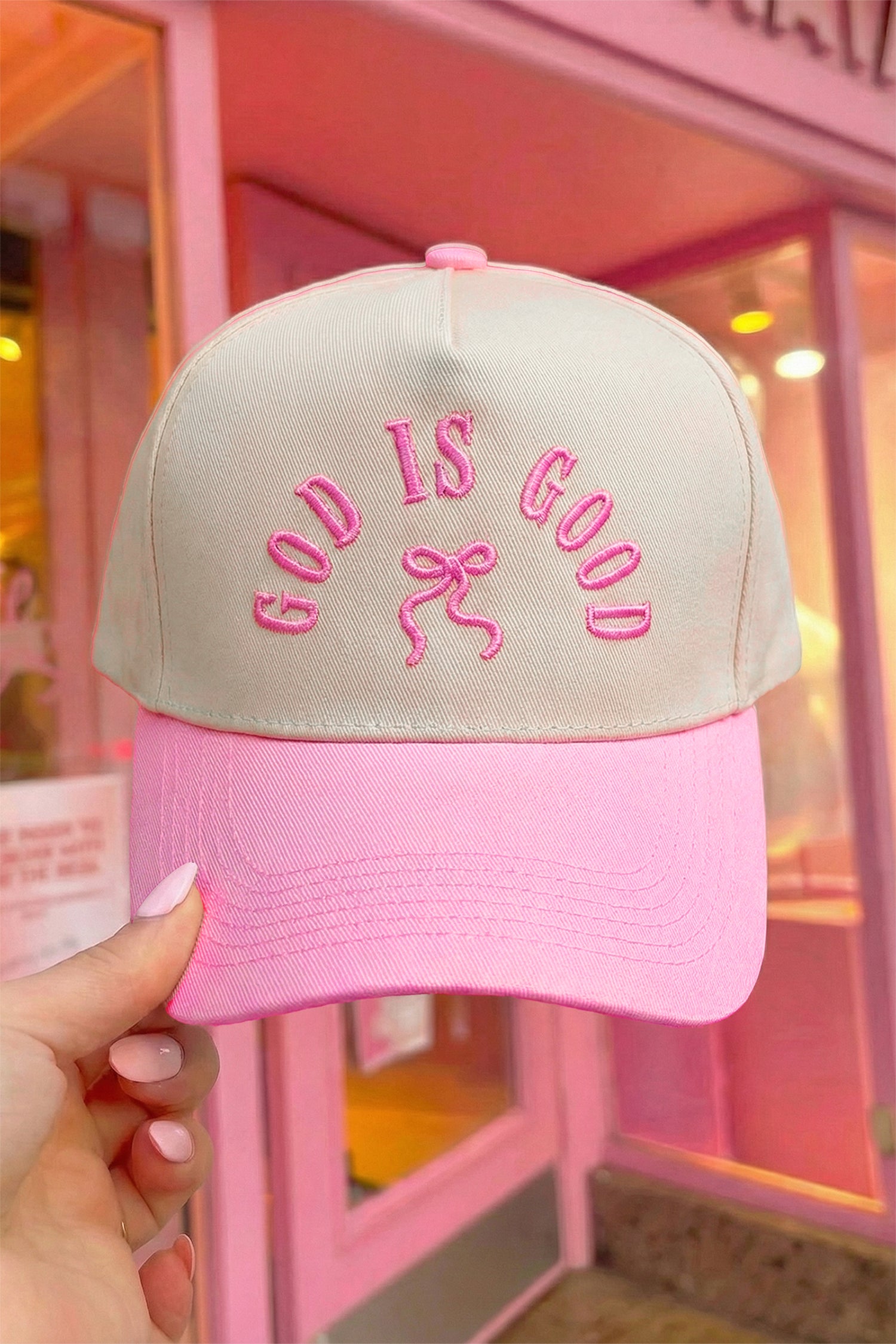 Pink GOD IS GOOD Embroidered Bow Color Block Baseball Cap