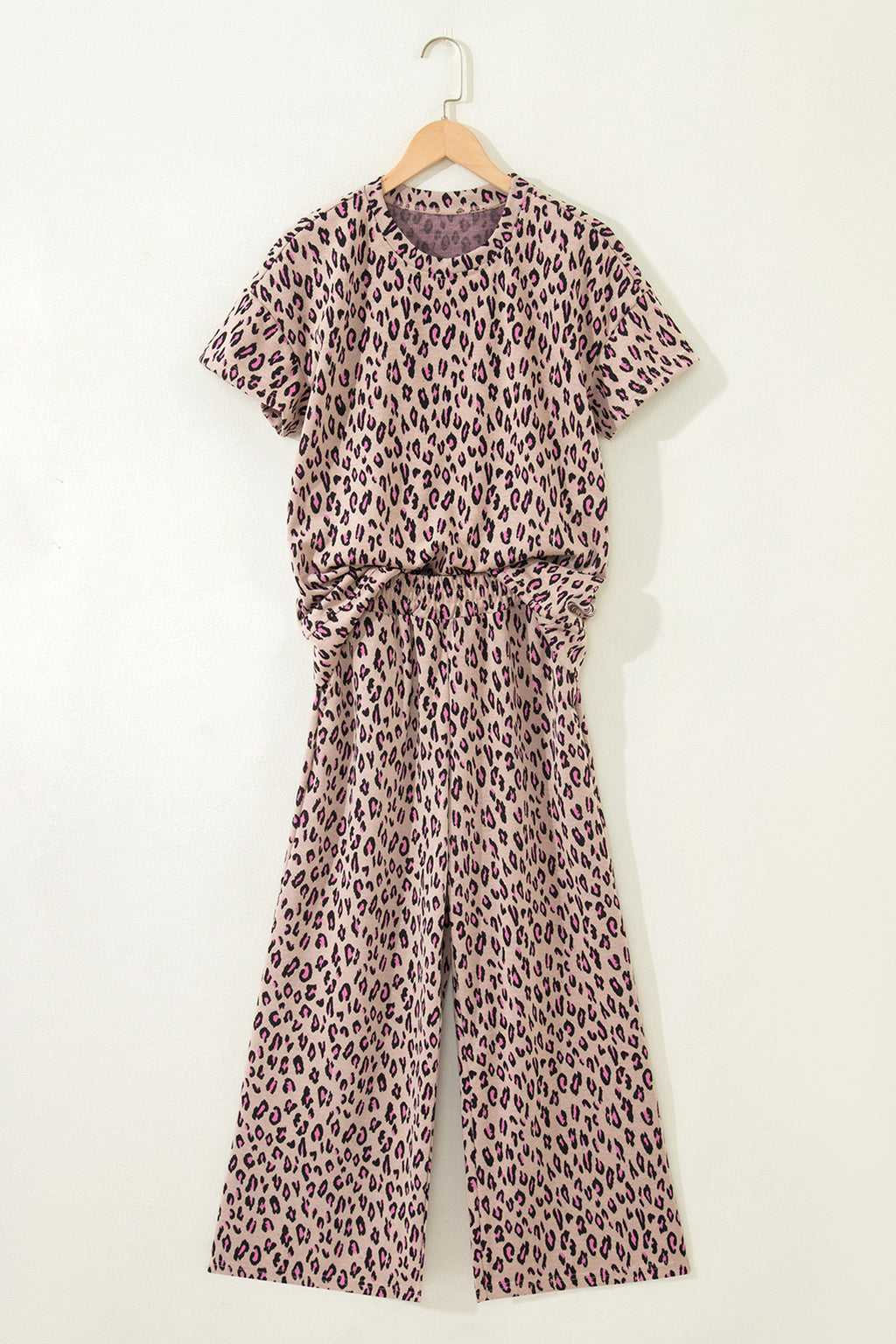 Pink Leopard Print Casual Tee and Pants 2pcs Outfit