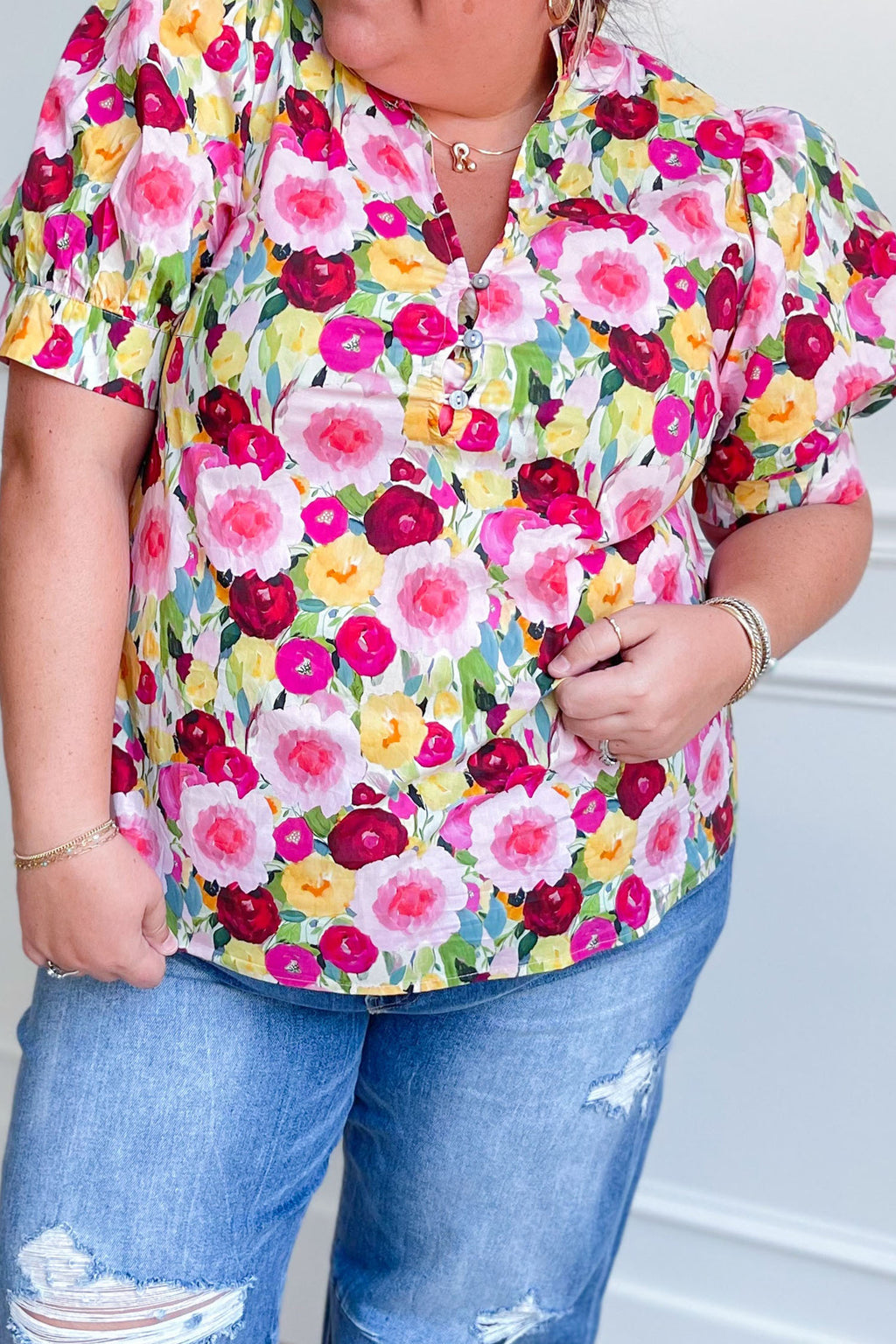 Pink Plus Size Flower Print Split V Neck Puff Short Sleeve Top