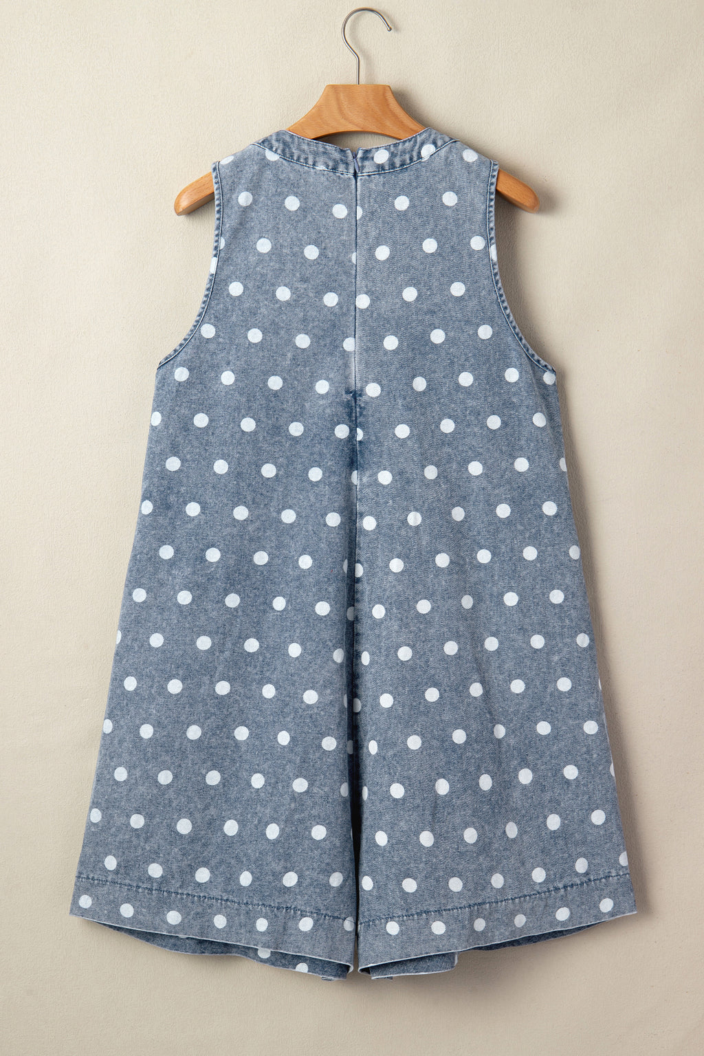 Sky Blue Polka Dot Print Tie V Neck Pleated Loose Denim Romper