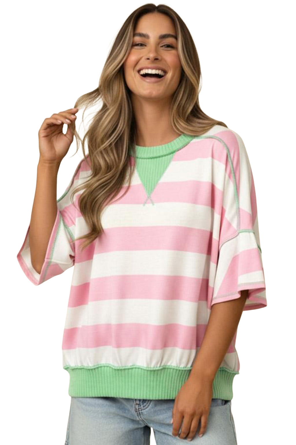 Pink Stripe Exposed Seam Ribbed Patchwork Oversized Tee