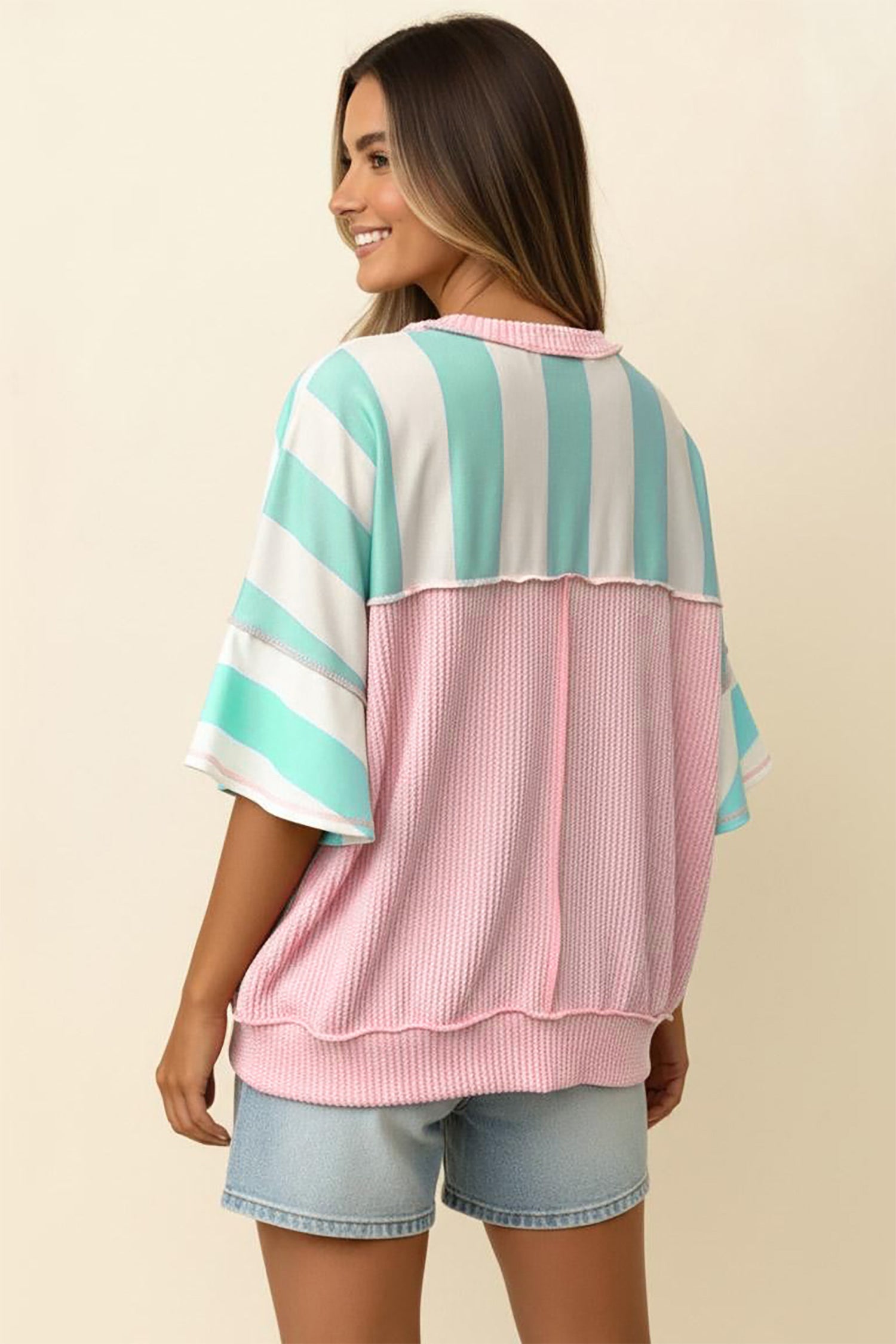 Green Stripe Exposed Seam Ribbed Patchwork Oversized Tee
