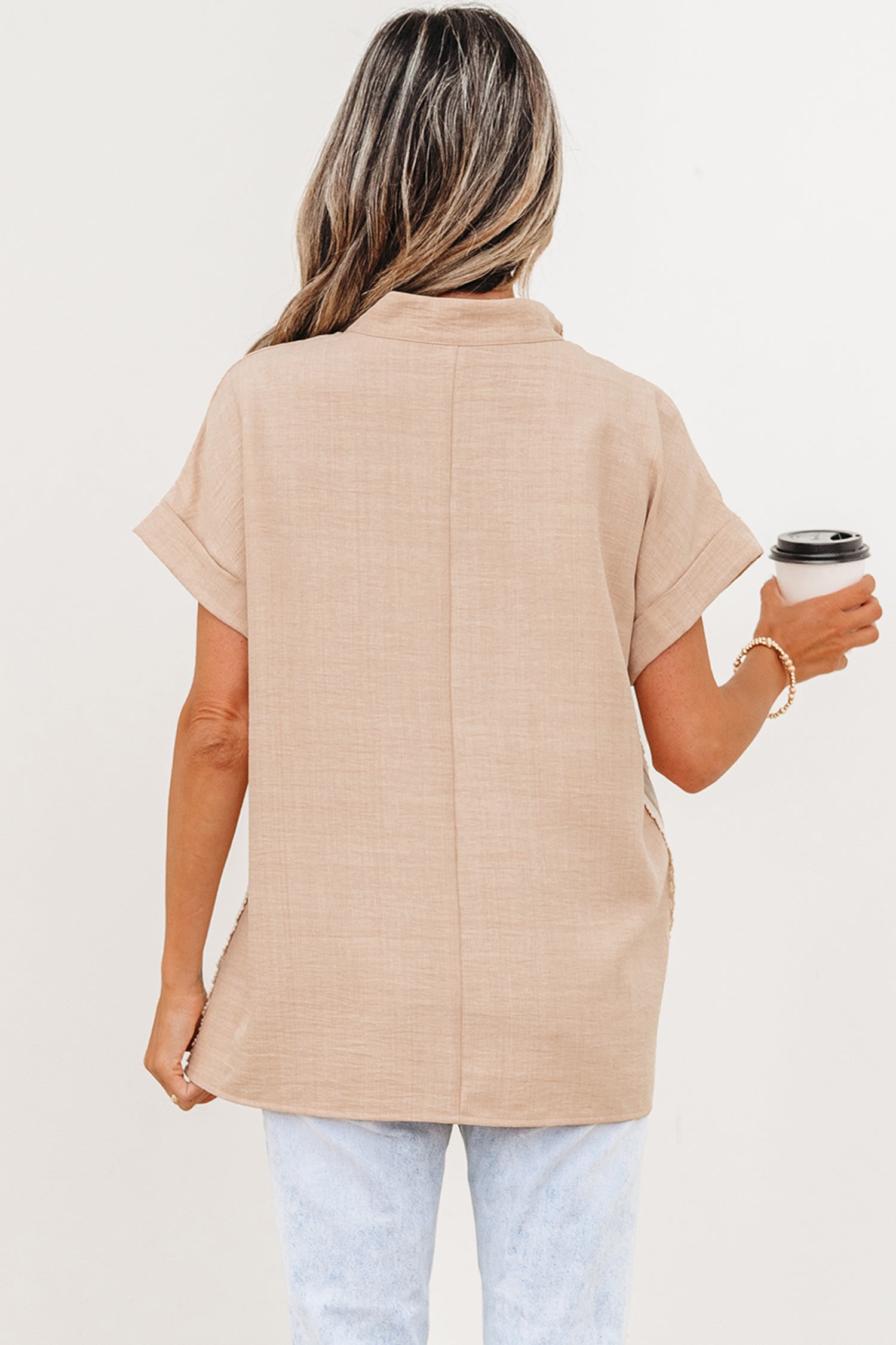 Parchment Crochet Lace Accent Pullover Rolled Short Sleeve Blouse