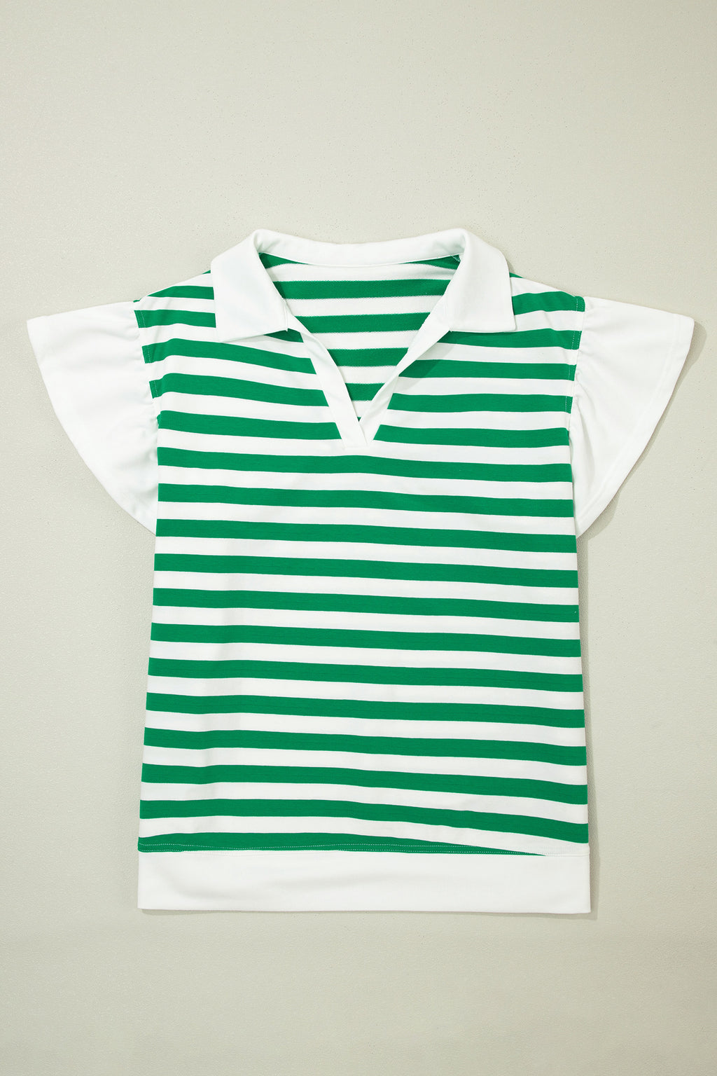 Green Stripe Plus Size Collar V Neck Ruffle Short Sleeve Blouse