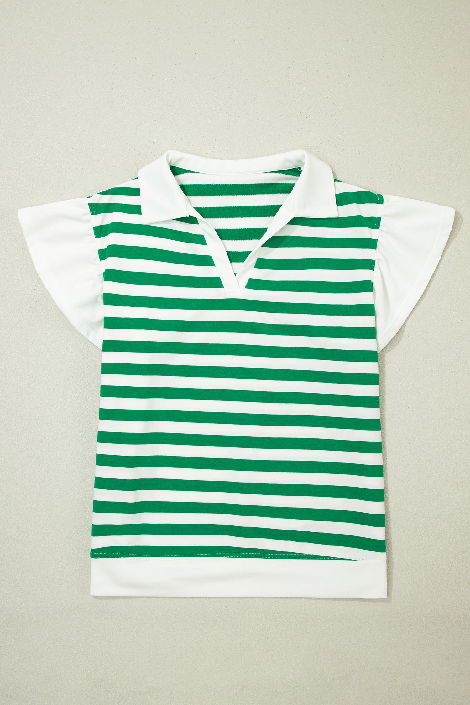 Green Stripe Plus Size Collar V Neck Ruffle Short Sleeve Blouse