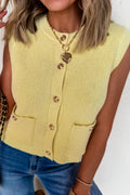 Yellow Cream Solid Color Sleeveless Knit Button Pocketed Sweater