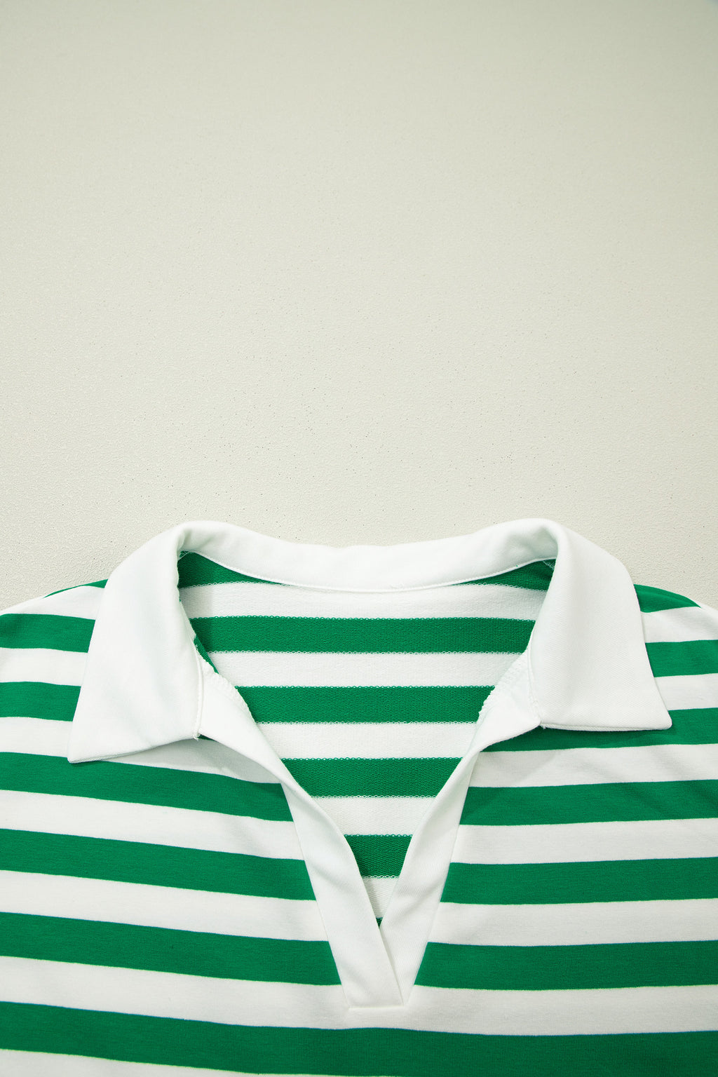 Green Stripe Plus Size Collar V Neck Ruffle Short Sleeve Blouse
