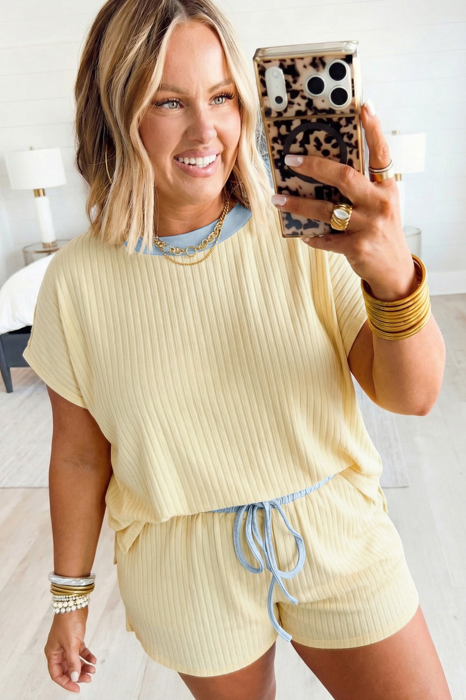 Yellow Cream Plus Size Ribbed Color Block Trim Drawstring Shorts 2pcs Set