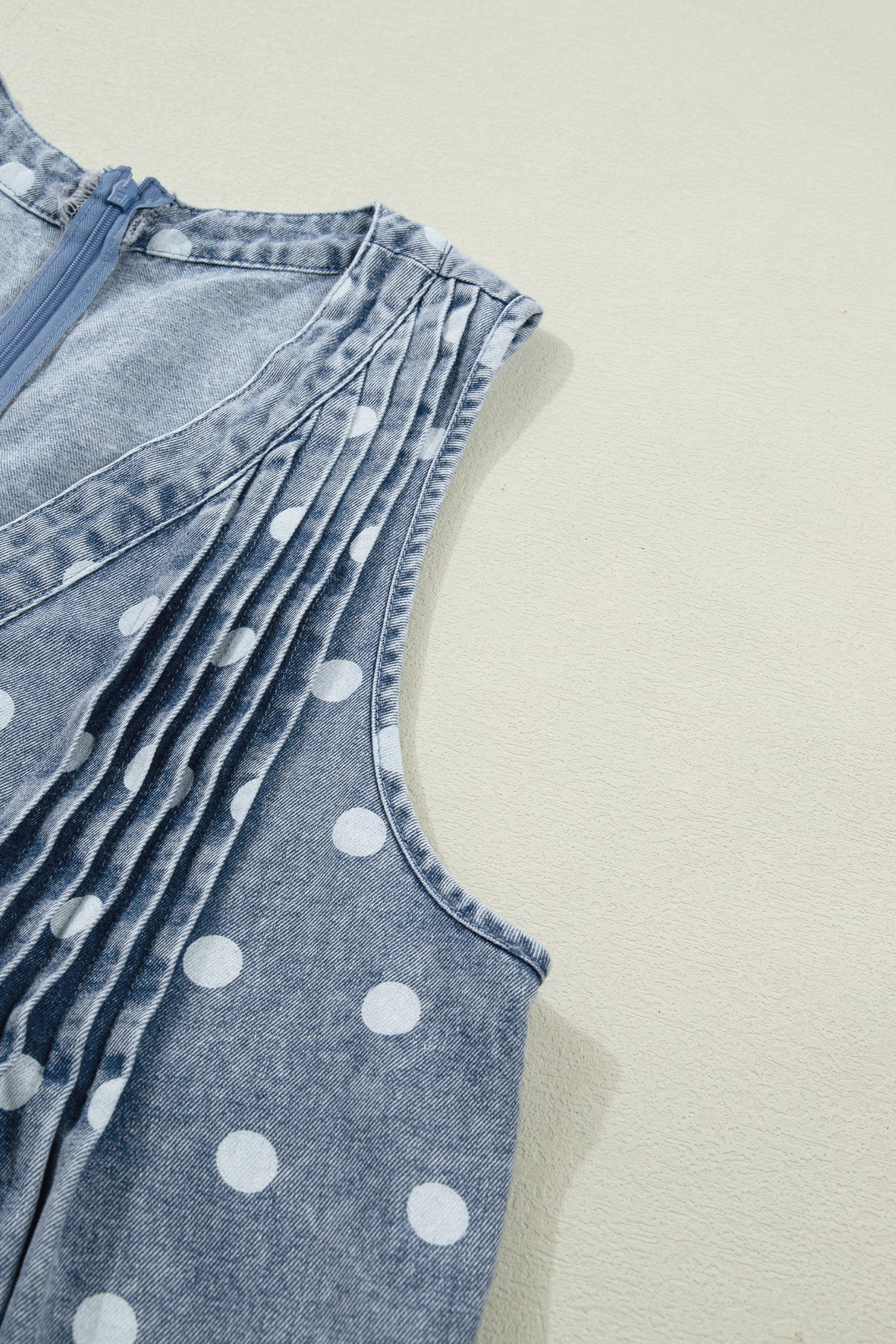 Sky Blue Polka Dot Print Tie V Neck Pleated Loose Denim Romper