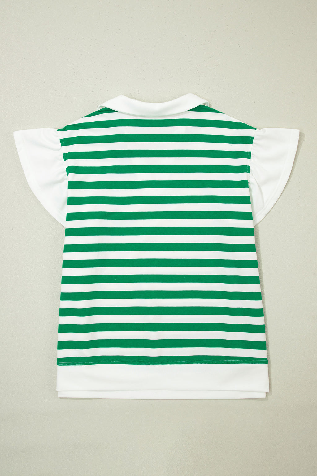 Green Stripe Plus Size Collar V Neck Ruffle Short Sleeve Blouse