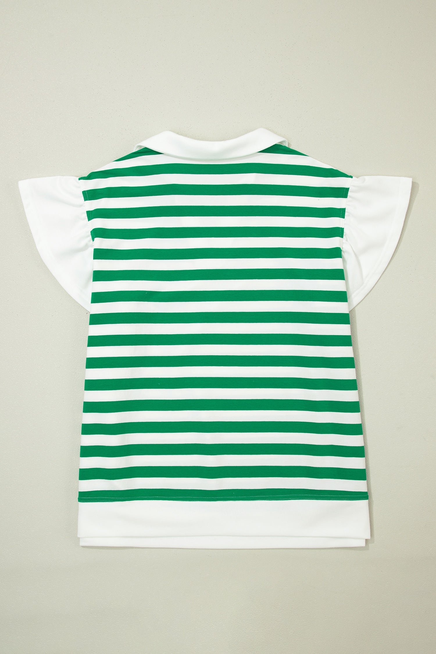 Green Stripe Plus Size Collar V Neck Ruffle Short Sleeve Blouse