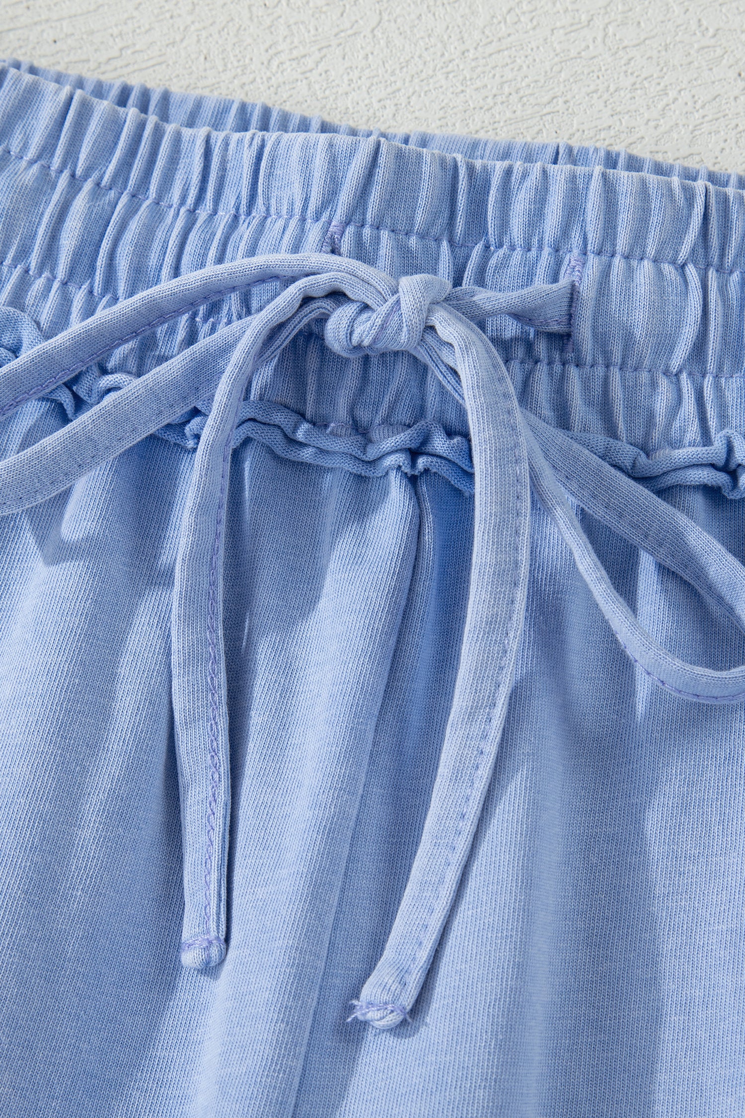 Sky Blue Mineral Washed Drawstring Elastic Waist Raw Cut Shorts