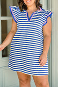Dark Blue Contrast Trim V Neck Ruffle Sleeve Plus Mini Dress