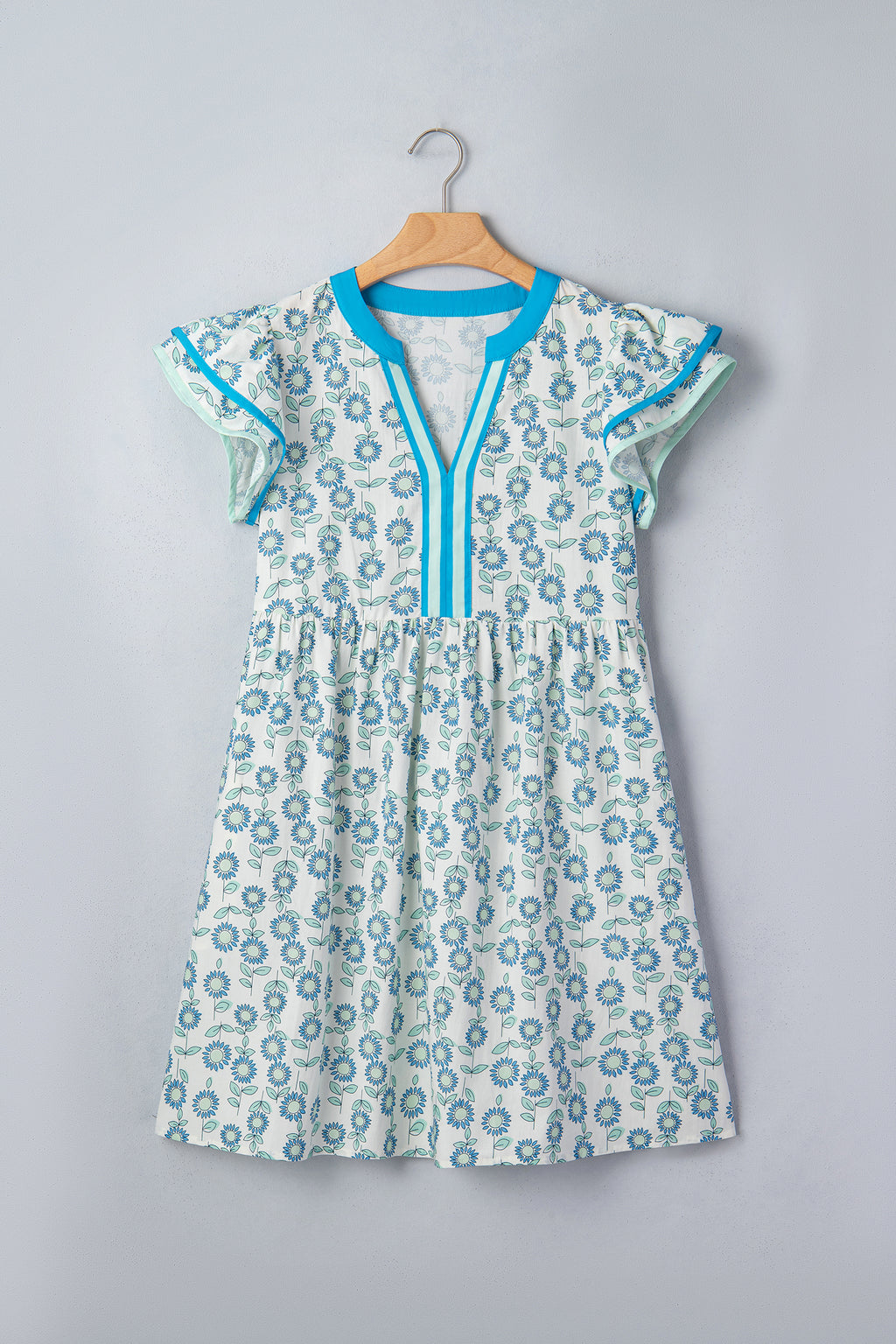 Sky Blue Floral Print Contrast Trim Flutter Sleeve Mini Dress