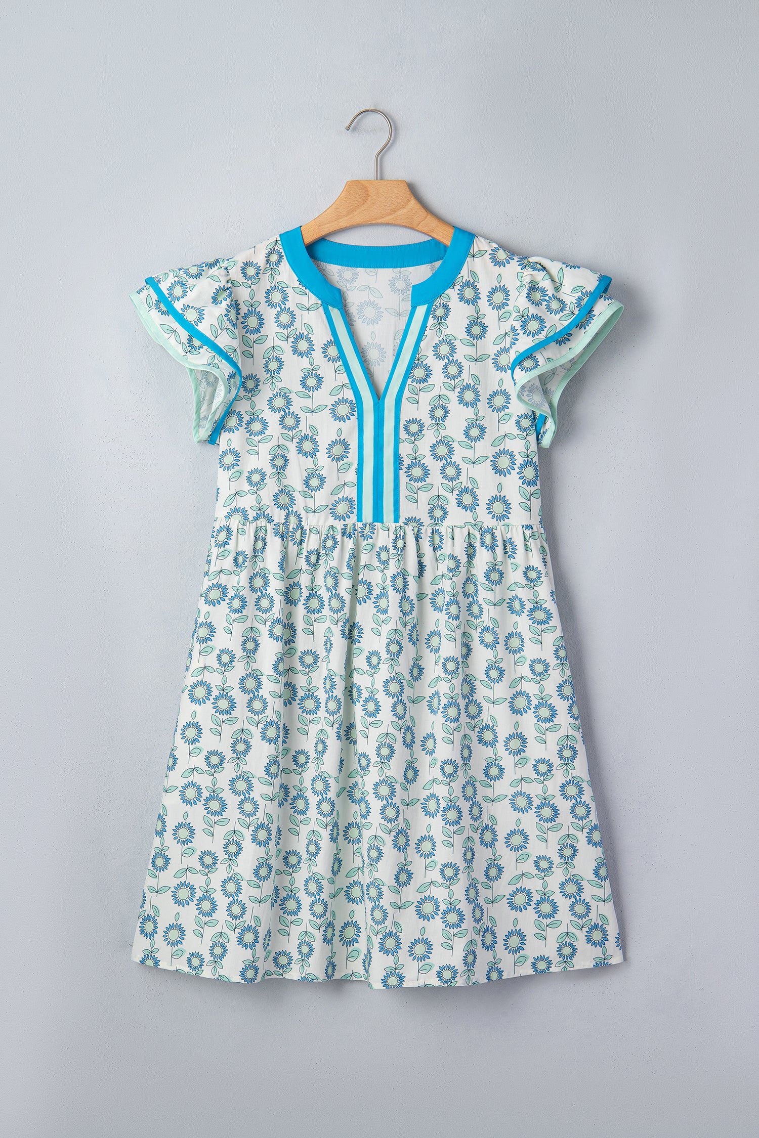 Sky Blue Floral Print Contrast Trim Flutter Sleeve Mini Dress