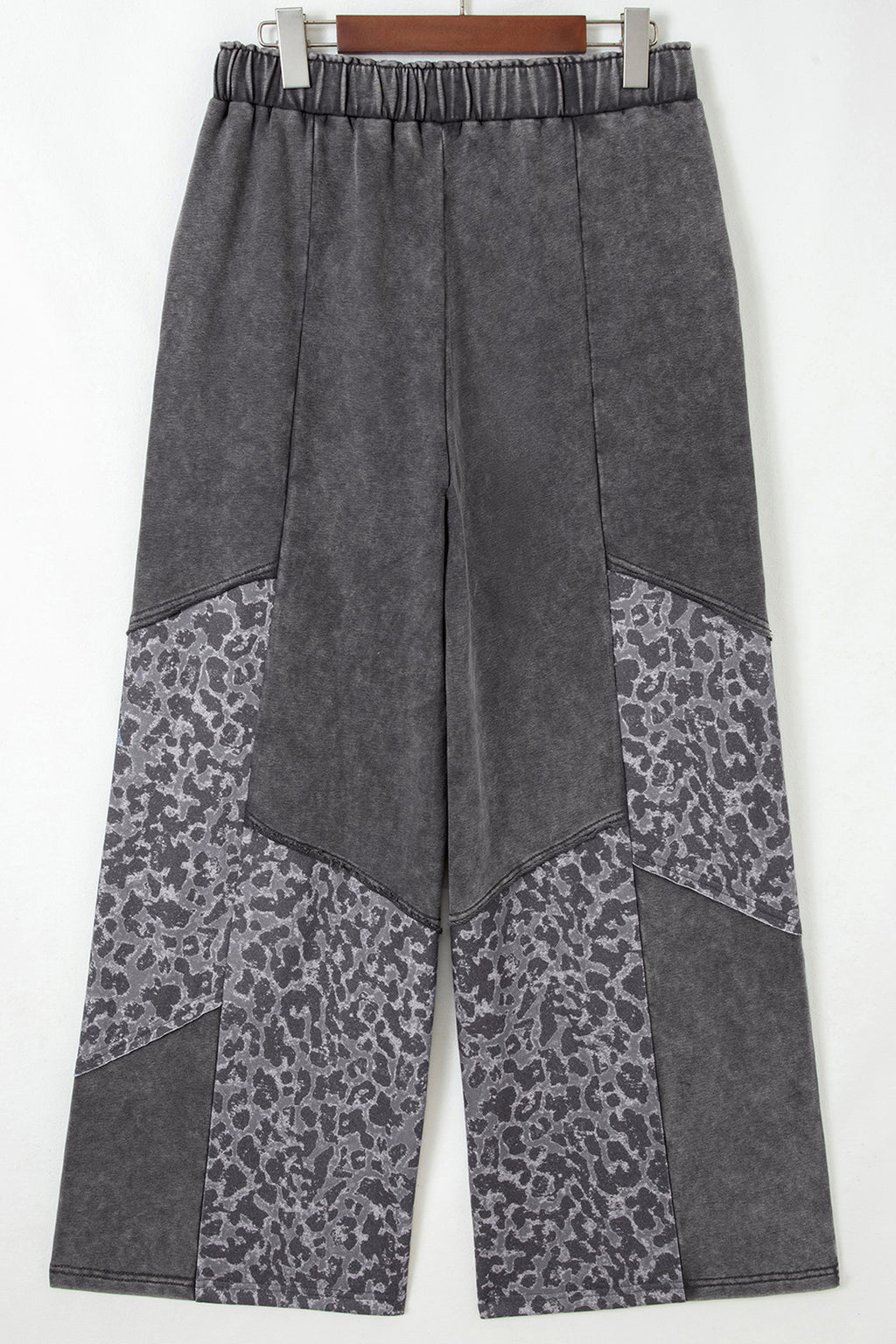 Dark Grey Plus Size Leopard Patchwork Mineral Wash Wide Leg Pants