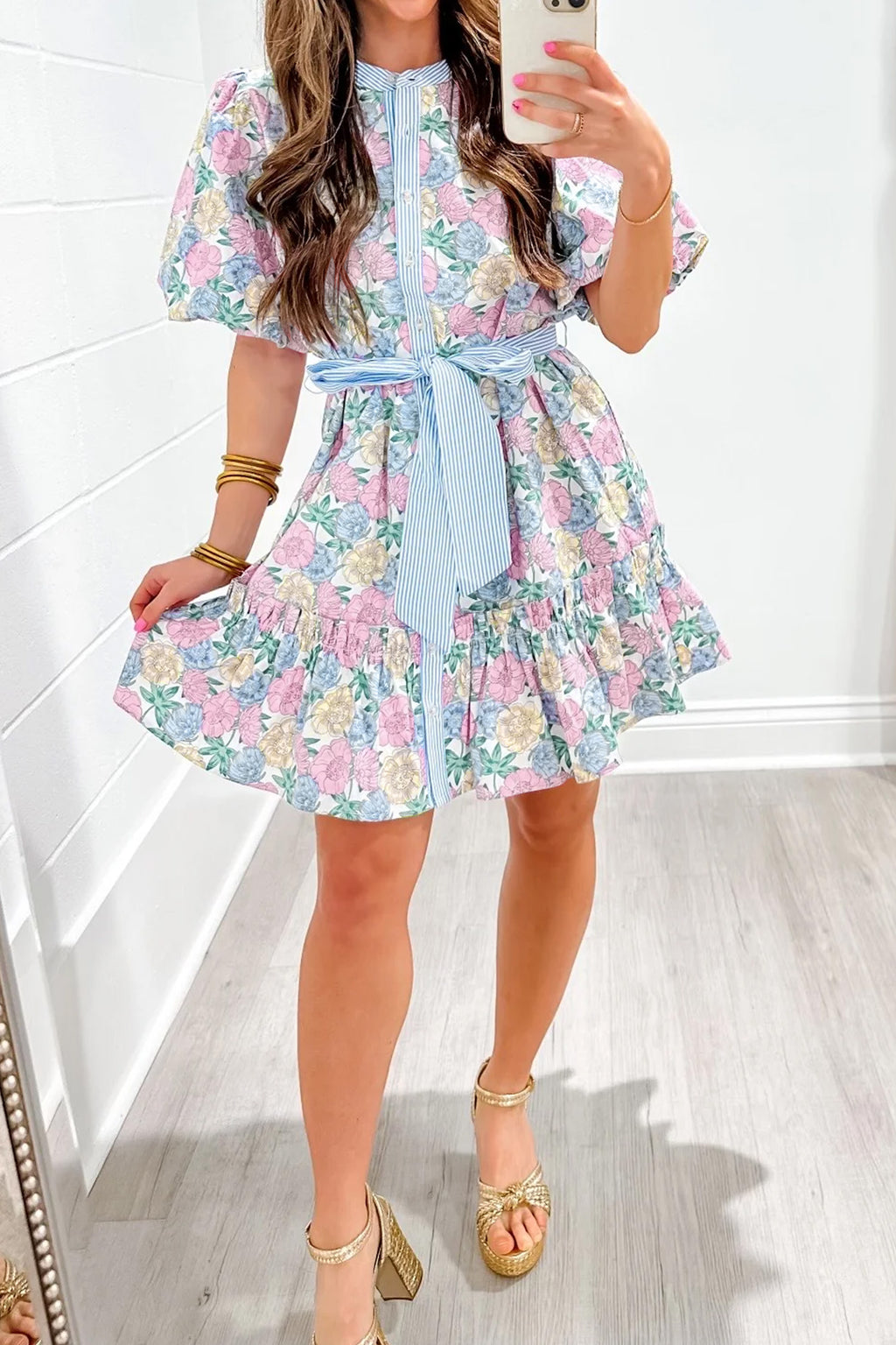 White Floral Print Striped Contrast Trim Belted Short Dress