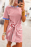 Red Nautical Tie Contrast Trim Round Neck T Shirt Mini Dress