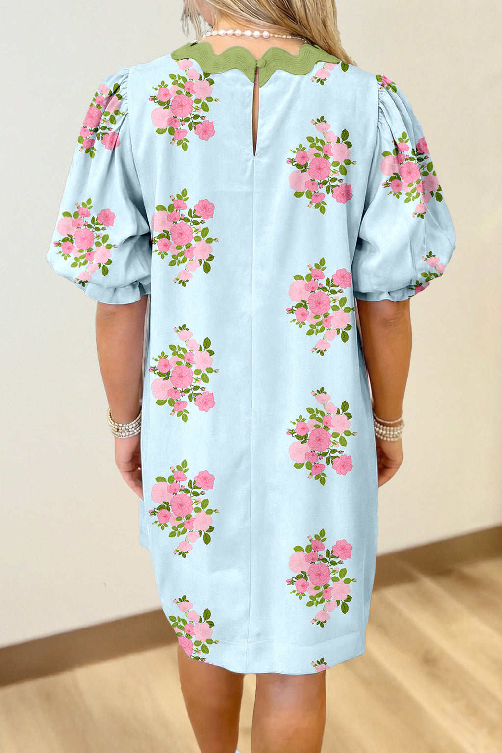 Sky Blue Floral Printed Contrast Ricrac Detail Bubble Sleeve Dress