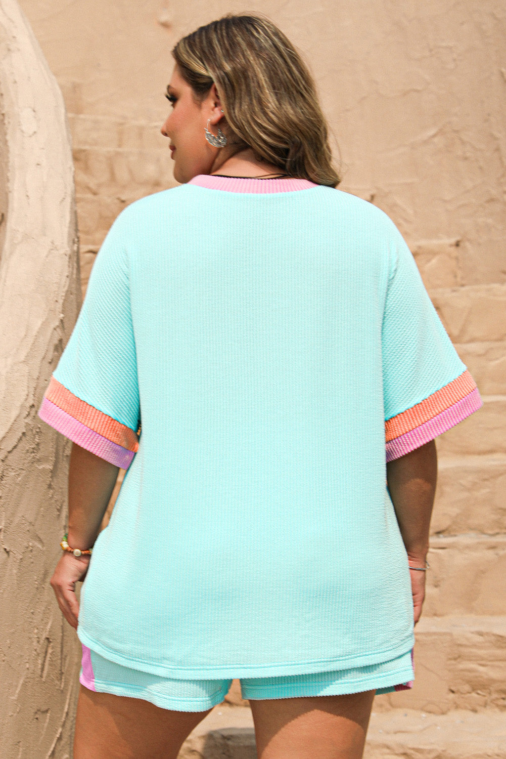 Light Blue Colorblock Corded Plus Size Two Piece Shorts Set